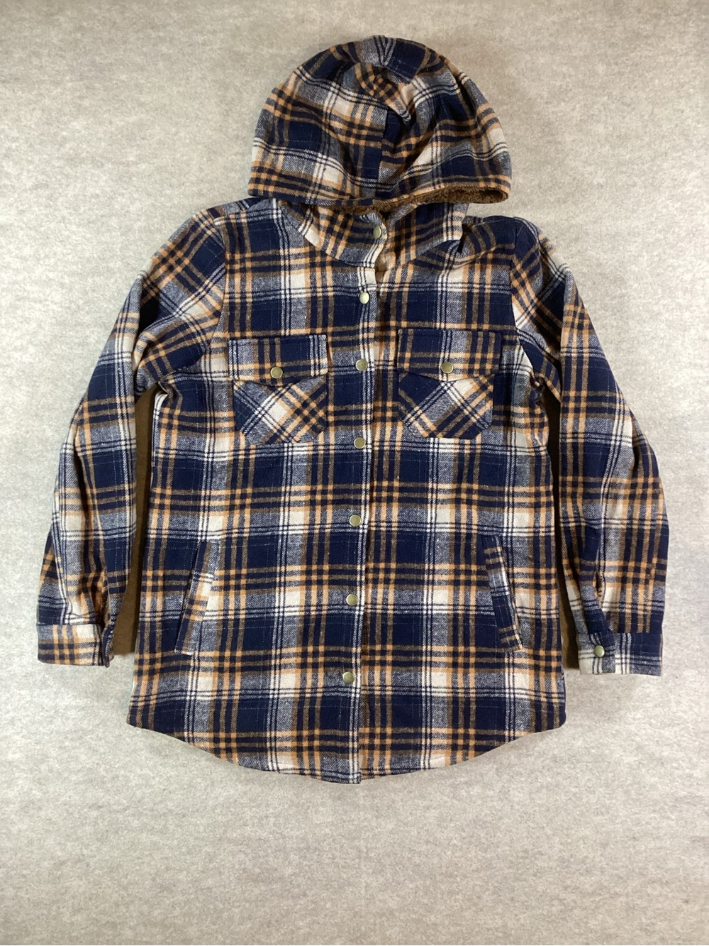 zeagoo Hooded Plaid Snap-Front Shirt Jacket - Navy, Tan & Cream